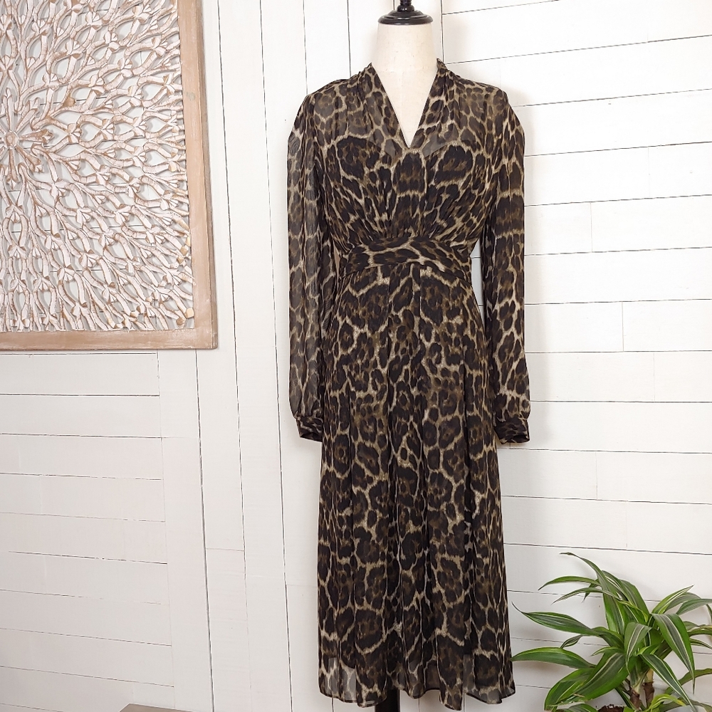 Anne Klein Leopard Print Fit & Flare Midi Dress Size 2